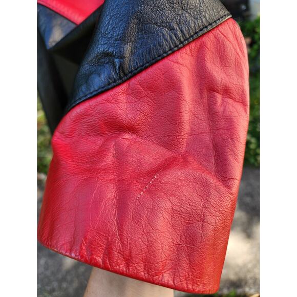 Vtg 80s David Benjamin Long Red Black Geometric Leather Funky Abstract Coat Sz S - Picture 5 of 9